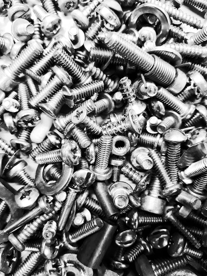 Detailed black and white close-up of assorted metal screws and nuts in a messy pile.